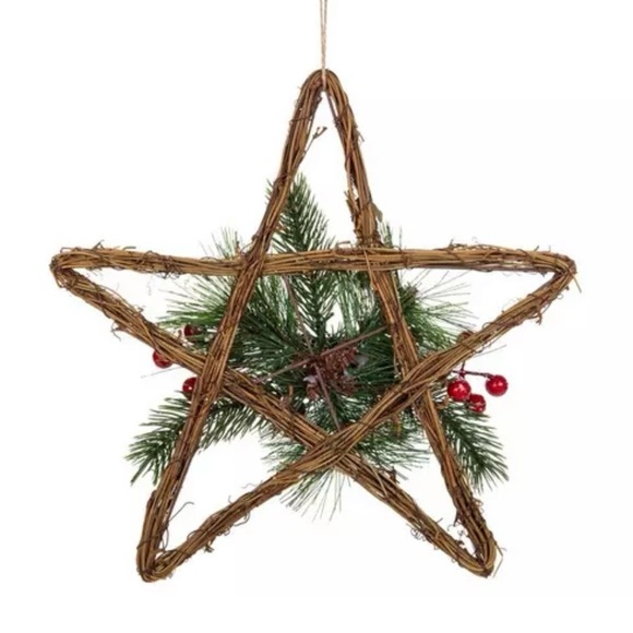 NWT- Set/2 Farmhouse Rustic Christmas Rattan & Pine Stars - Picture 5 of 5